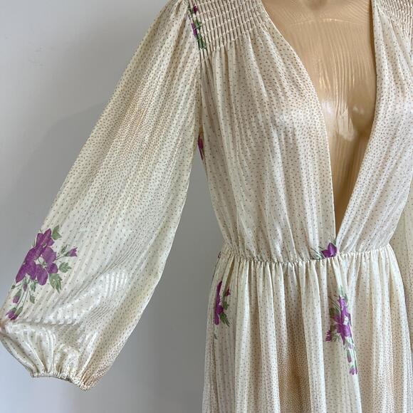 Vintage Mr. Edward S / M Cream Cottagecore Midi Dress Plunge V Neck Pleated Purp - Picture 3 of 10